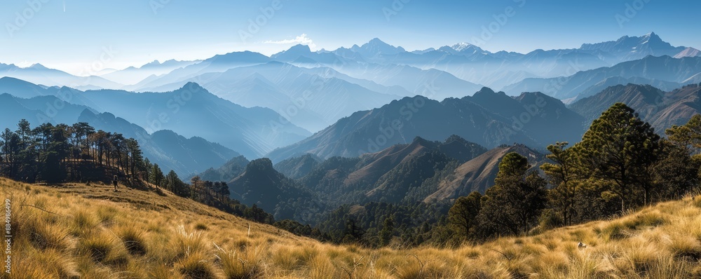 Fototapeta premium Majestic mountain range with a clear blue sky, breathtaking landscape, outdoor adventure