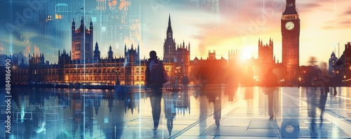 Democracy, parliament, debate, legislation, governance, policy close up, focus on, copy space formal and serious tones, Double exposure silhouette with parliament building photo