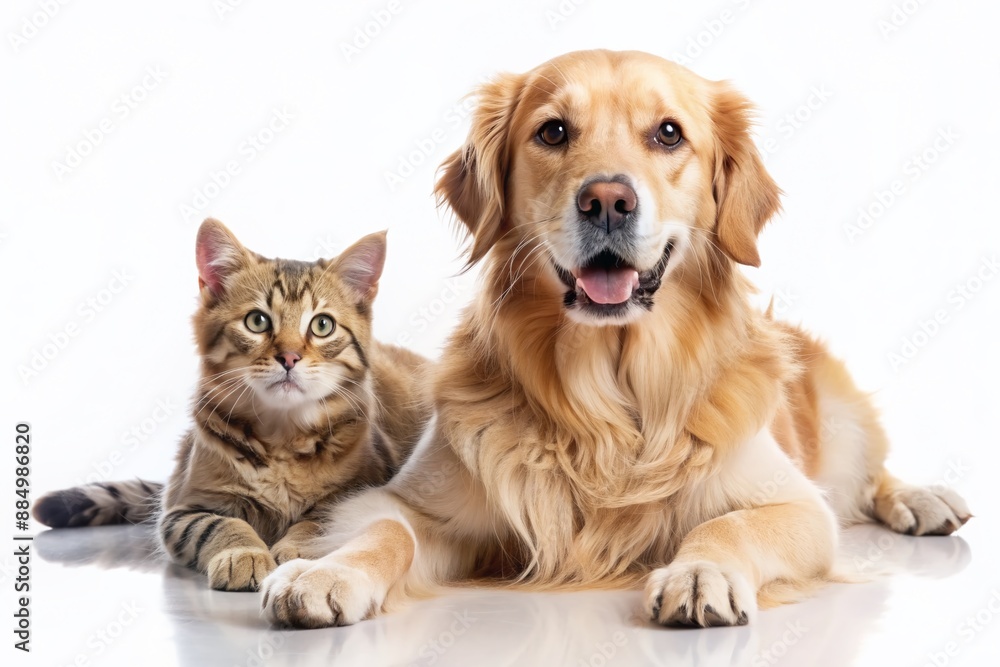 Golden Retriever dog and cat lie on a white background. Free space for product placement or advertising text. Golden Retriever dog and cat lie on a white background. Free space for product placement or advertising text.