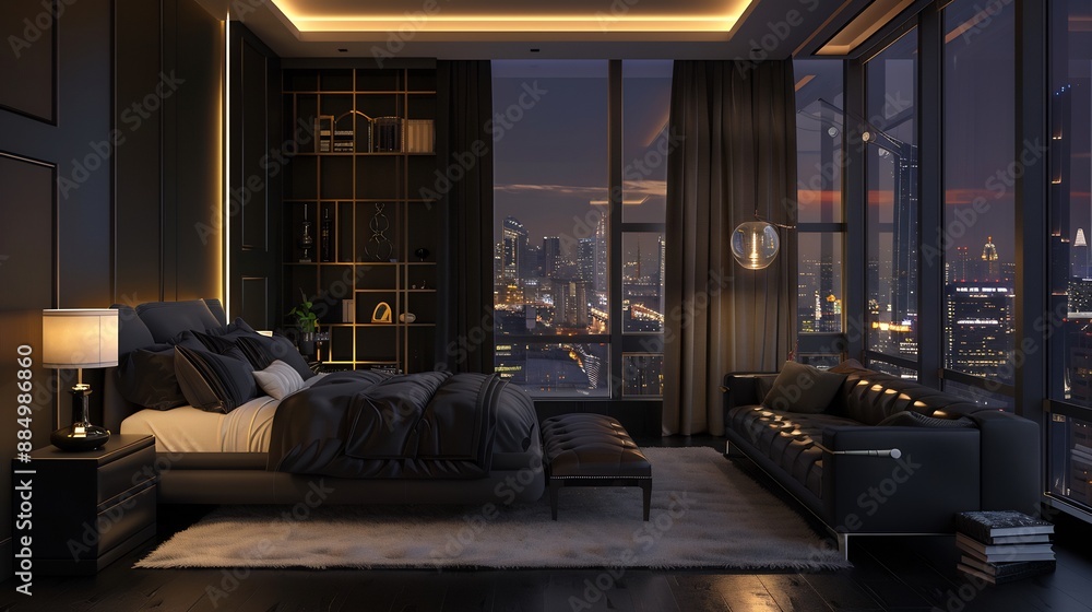 Elegant bedroom interior with sofa in front of the mattress Elegant bedroom interior with sofa in front of the mattress