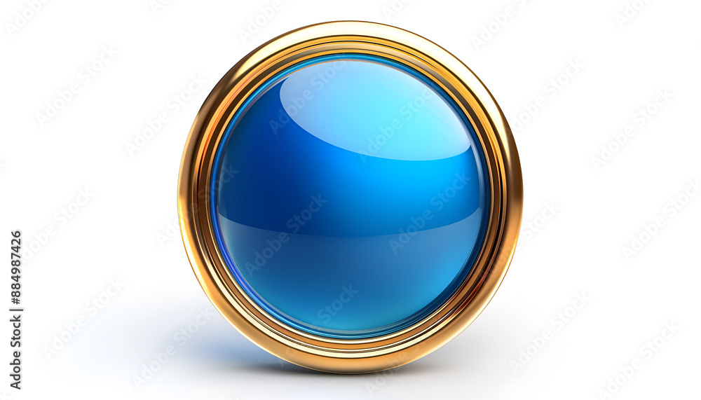 Circle realistic glossy blue button, golden ring, icon isolated. Metal, technology Ui for interface apps Circle realistic glossy blue button, golden ring, icon isolated. Metal, technology Ui for interface apps