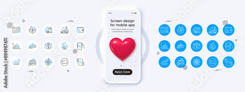 Phone mockup with 3d heart icon. Hot loan, Cash transit and Diagram graph line icons. Pack of Loyalty program, Versatile, Check investment icon. Vector