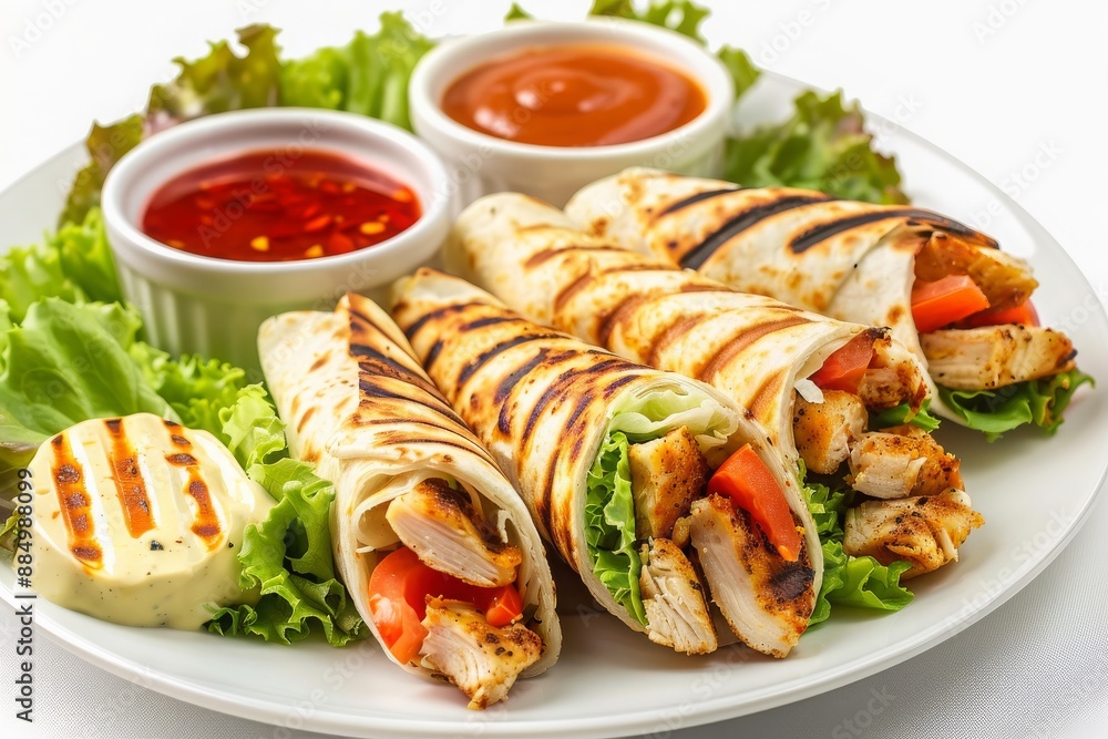 a plate of Delicious Grilled Chicken Wraps with dips Isolated on a white background a plate of Delicious Grilled Chicken Wraps with dips Isolated on a white background