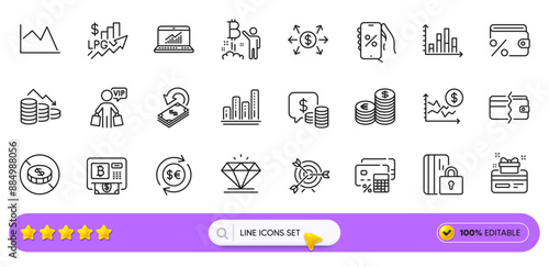 Online statistics, Bitcoin atm and Dollar exchange line icons for web app. Pack of Dollar rate, No cash, Money currency pictogram icons. Discounts app, Rise price, Diagram graph signs. Vector