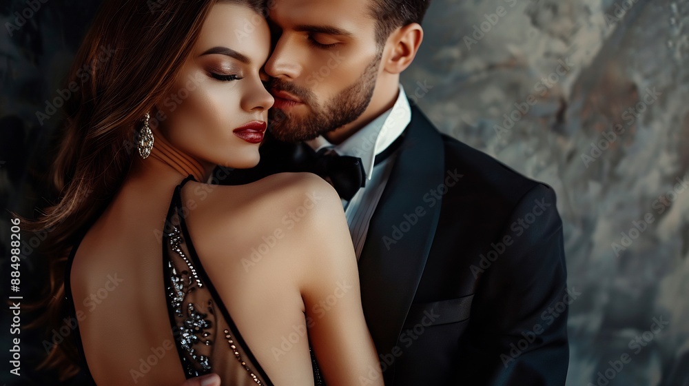 Sexy and elegant couple. Handsome man hugging his sensual wife Sexy and elegant couple. Handsome man hugging his sensual wife