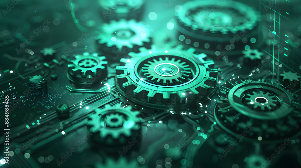 Futuristic high-tech motion design. Business and industry internet banner. The mechanism consisting of gears on a green background for the presentation. Cogwheel for science experiment presentation. Futuristic high-tech motion design. Business and industry internet banner. The mechanism consisting of gears on a green background for the presentation. Cogwheel for science experiment presentation.
