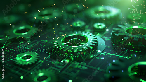 Futuristic high-tech motion design. Business and industry internet banner. The mechanism consisting of gears on a green background for the presentation. Cogwheel for science experiment presentation.