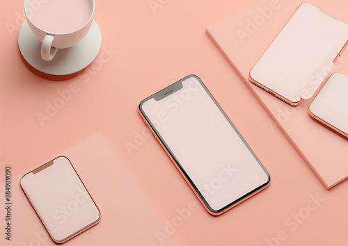 Mockup of blank smartphone screens, social media stories, pastel tones, sophisticated layout photo