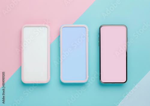 Pastel background, blank smartphone screens, social media story mockups, clean design photo