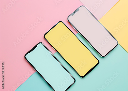 Pastel-colored background, blank smartphone screens, social media story layouts, stylish presentation photo