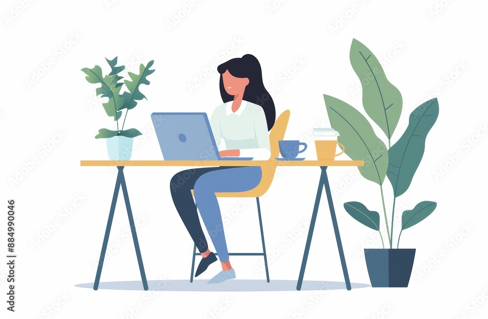 flat style illustration of a young woman working remotely on her laptop at desk on a with white background, pastel colors and minimalistic artstyle flat style illustration of a young woman working remotely on her laptop at desk on a with white background, pastel colors and minimalistic artstyle