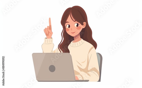A flat vector illustration of a woman sitting at her laptop and pointing with her finger in the air, with a white background, simple design