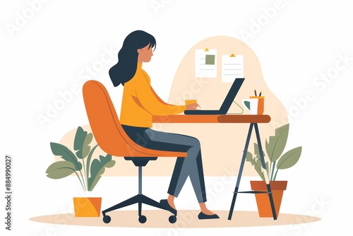 flat style illustration of a young woman working remotely on her laptop at desk on a with white background, pastel colors and minimalistic artstyle