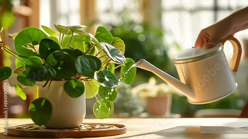 Woman watering potted houseplant on the table at home, using white metal watering can, taking care. Hobby, indoor gardening, plant lovers