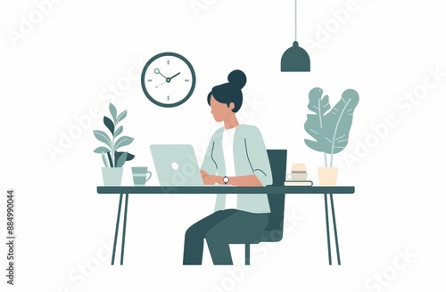 flat style illustration of a young woman working remotely on her laptop at desk on a with white background, pastel colors and minimalistic artstyle