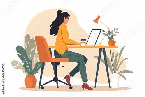 flat style illustration of a young woman working remotely on her laptop at desk on a with white background, pastel colors and minimalistic artstyle