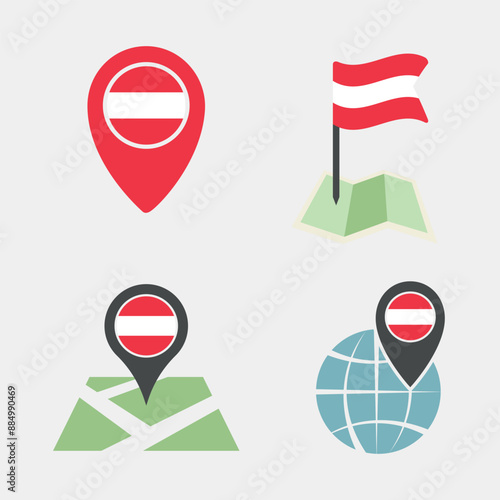 Austria flag map pointer set, symbols of the flag of Republic of Austria