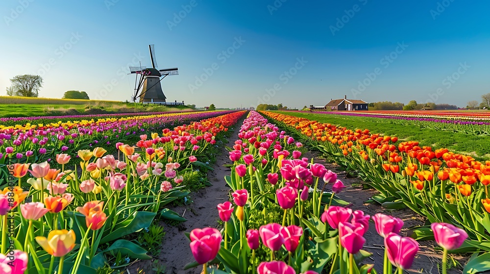 Vibrant tulip field spring with rows of colorful flowers a windmill in the distance and a clear blue sky with copy space and open space Vibrant tulip field spring with rows of colorful flowers a windmill in the distance and a clear blue sky with copy space and open space