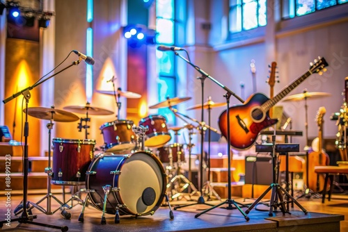 Energetic stage setup with guitars, drums, and microphones, ready for a worship band performance at a church conference, with a blurred background and copious copy space.