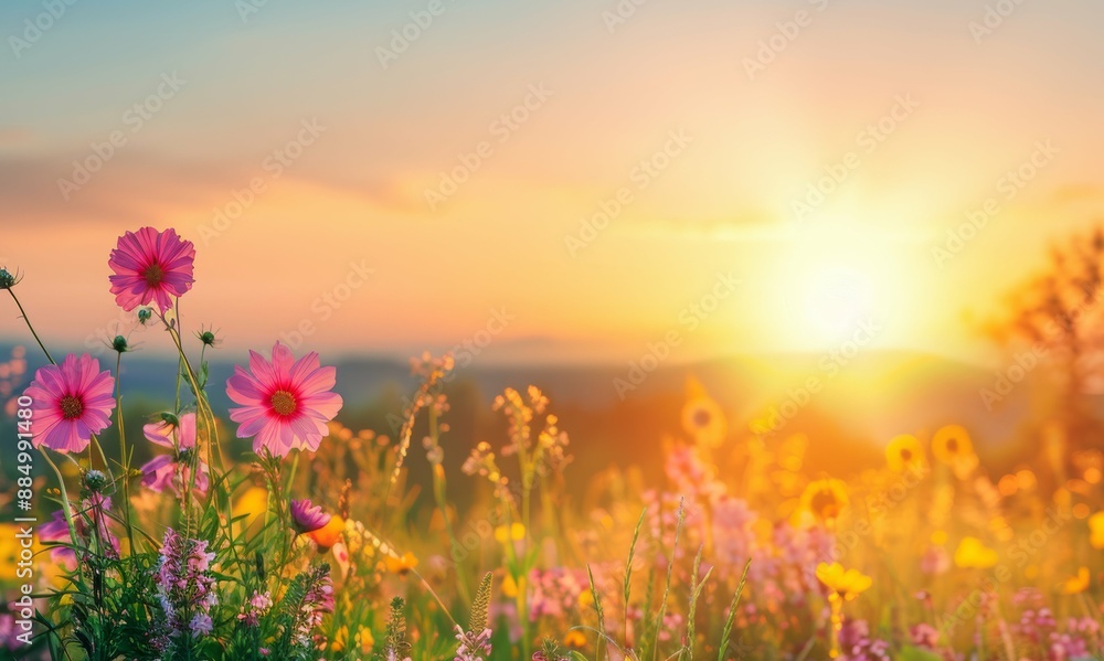 Naklejka premium Beautiful flower meadow with colorful wildflowers at sunset, landscape background with beautiful sky and sun rays, summer nature background with copy space area for text or design.
