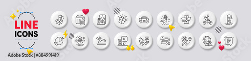 Carry-on baggage, Gps and Delivery service line icons. White buttons 3d icons. Pack of Car, Lighthouse, Charging time icon. Ship travel, Gift, Flag pictogram. Vector