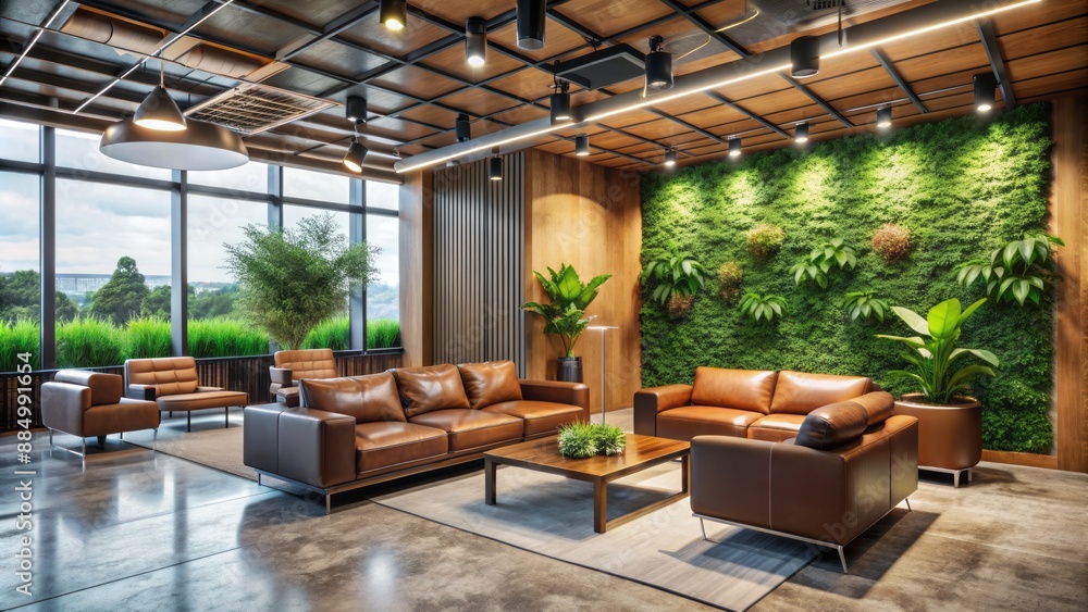 Luxurious modern office space with floor-to-ceiling living wall, ergonomic furniture, and natural textiles, exuding serenity and productivity. Luxurious modern office space with floor-to-ceiling living wall, ergonomic furniture, and natural textiles, exuding serenity and productivity.