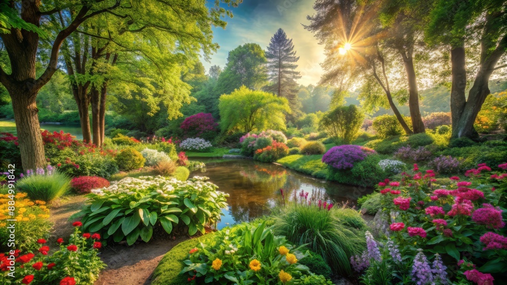 Lush verdant foliage surrounds a tranquil, serene, and idyllic scene with varied greenery and blooming flowers in natural light. Lush verdant foliage surrounds a tranquil, serene, and idyllic scene with varied greenery and blooming flowers in natural light.