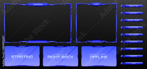 Stream Overlay Webcam Screen Frame and Stream Alert GUI Panels in Blue color for Live Video Streaming Platforms