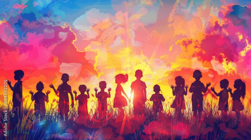 Silhouettes of Children Against a Vibrant Sunset Silhouettes of Children Against a Vibrant Sunset