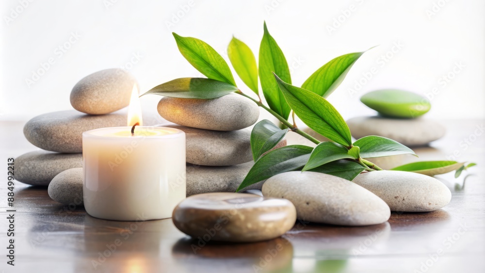 Obraz premium Soothing spa setting featuring rounded stones, fresh leaves, and a softly glowing candle on a serene white background, evoking relaxation and inner calm.