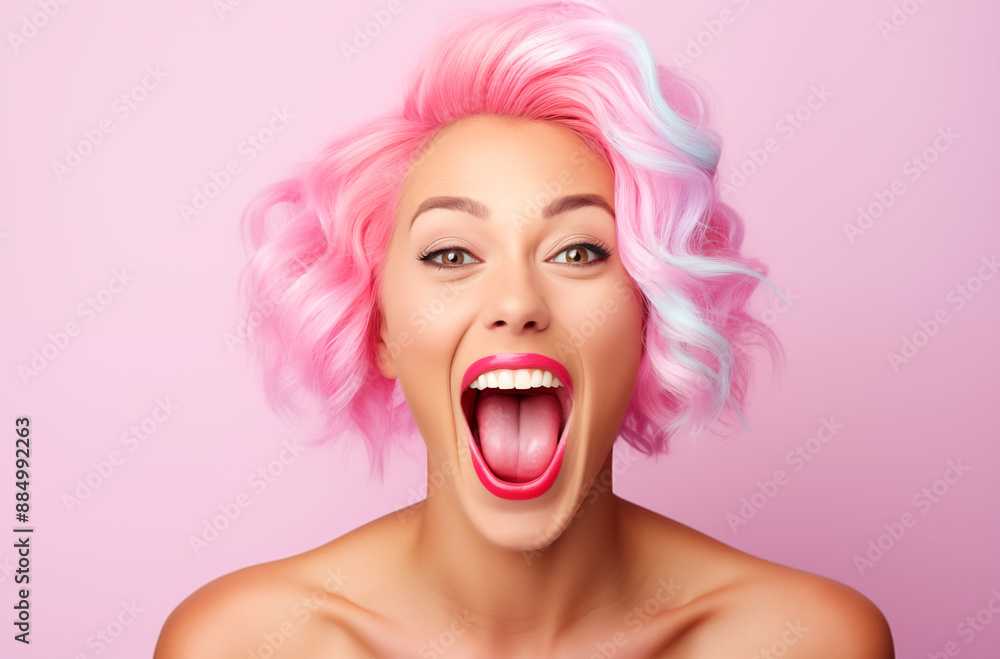 Excited Woman With Colorful Pink And Blue Hair Smiling Widely Against Matching Pink Background And Vibrant Expression Excited Woman With Colorful Pink And Blue Hair Smiling Widely Against Matching Pink Background And Vibrant Expression