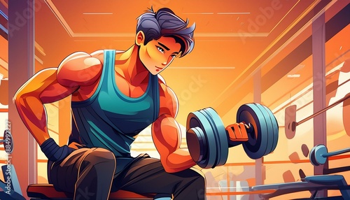 A young gym man exersise arms Incline Dumbbell Curl, awesome hot hair style photo