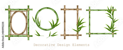 Bamboo frames set made of stems and green leaves tied with a rope. A set of wooden bamboo frames