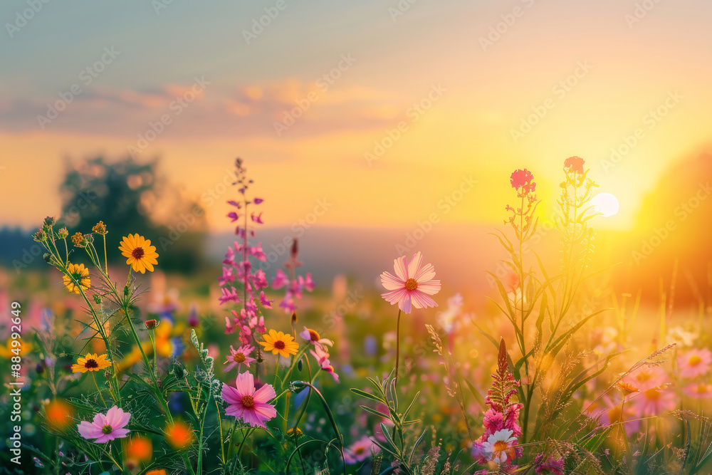 Naklejka premium Beautiful flower meadow with colorful wildflowers at sunset, landscape background with beautiful sky and sun rays, summer nature background with copy space area for text or design.
