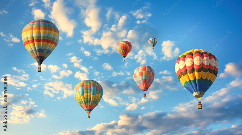 Fototapeta premium Colorful hot air balloons floating gracefully in a clear blue sky with scattered clouds