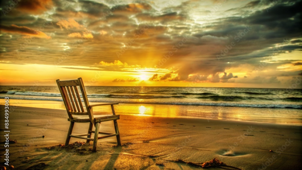 Vibrant orange sunset illuminates a lone, worn chair, abandoned on a deserted beach, with an atmosphere of serene solitude. Vibrant orange sunset illuminates a lone, worn chair, abandoned on a deserted beach, with an atmosphere of serene solitude.