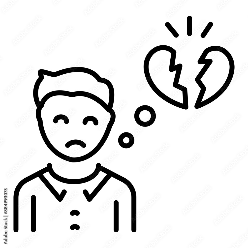 An outline icon showing a sad person with broken heart An outline icon showing a sad person with broken heart