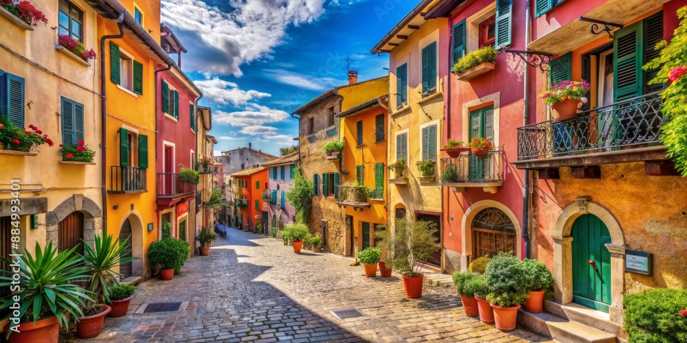 Obraz premium Vibrant Italian town scene on a sunny summer day, featuring narrow cobblestone streets, colorful buildings, and charming architecture, perfect for evoking joyful travel memories.
