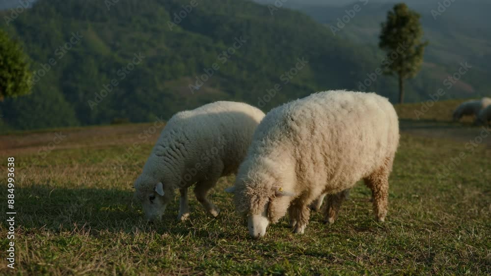 Flock of sheeps in a field farm on a green hillside eating grass with sky view.