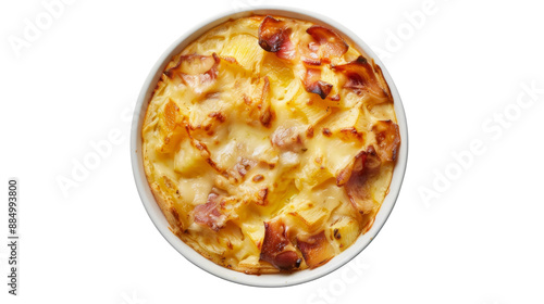 Tartiflette in a bowl, top down view