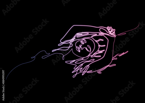 Woman floating in water or taking spa bath drawn by glowing neon continuous one line. Concept of beauty treatments, self care, sensory deprivation.