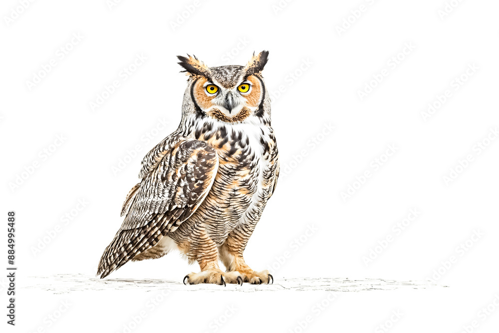 Great Horned Owl Standing on White Background Great Horned Owl Standing on White Background