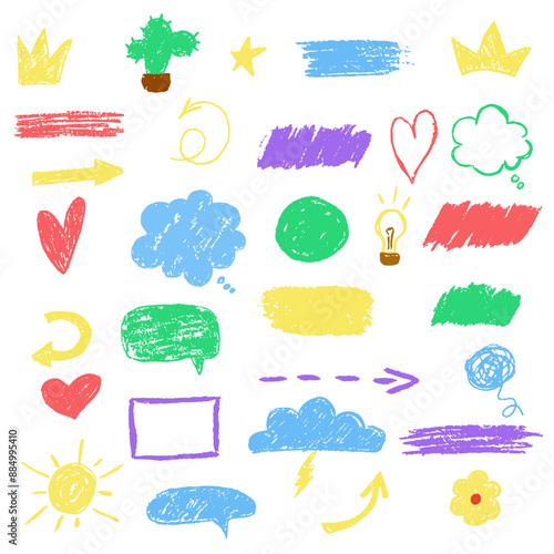 Scribble crayon texture vector illustration collection. Child color drawing set isolated on white.