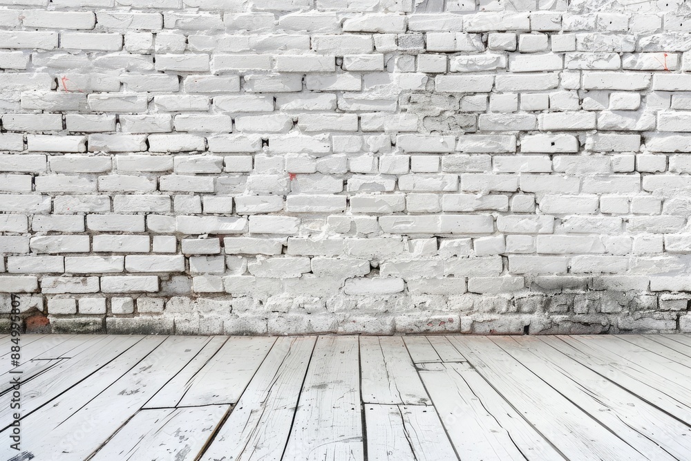 Old white brick wall and wooden floor with copy space for your text Old white brick wall and wooden floor with copy space for your text