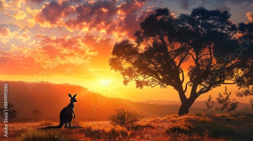 A kangaroo is standing against a backdrop of trees and a sunset