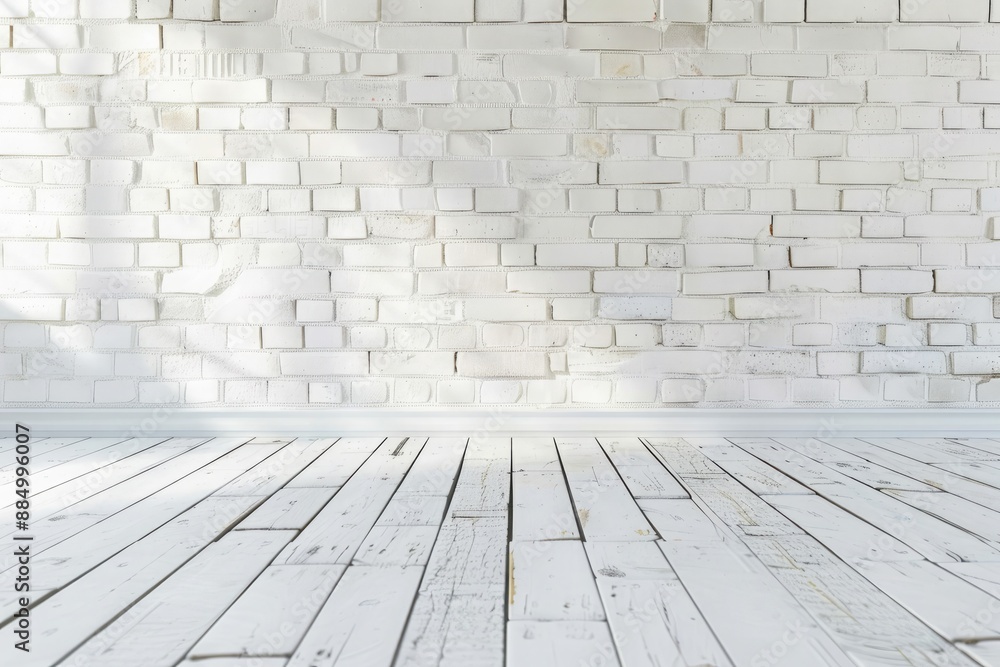 Old white brick wall and wooden floor with copy space for your text Old white brick wall and wooden floor with copy space for your text