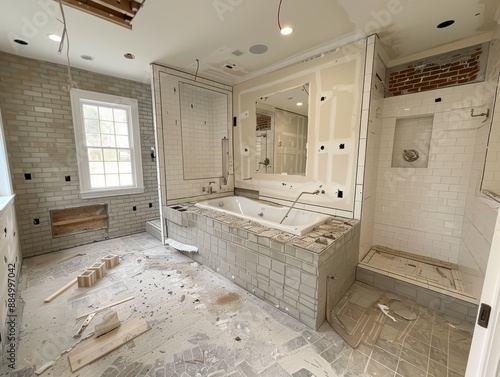 Wide-angle view of a Jack and Jill bathroom being modernized with updated fixtures photo