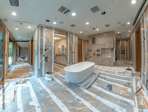 Wide-angle view of a large luxury bathroom undergoing a complete remodel and fixture update photo