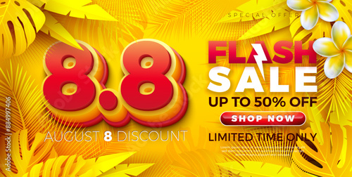 8 August Summer Shopping Day Flash Sale Design with 3d 8.8 Number and Tropical Palm Leaves on Yellow Background. Vector Special Offer Campaign Discount Illustration for Coupon, Voucher, Banner, Flyer