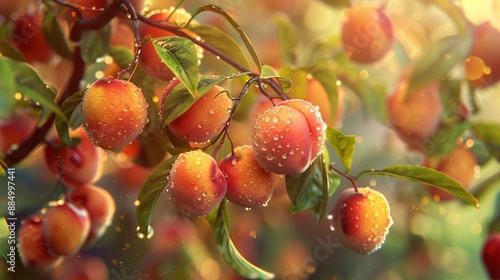 A mature peach tree is a vibrant and verdant deciduous tree famous for its gorgeous fuzzy-skinned fruits that ripen during the warm season, with slender branches reaching up to 25 feet in height. photo